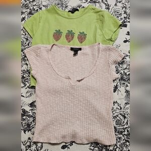 Two Forever 21 Baby Tees Rhinestone Strawberries and Pink Knit
